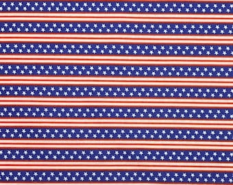 May include: Red, white, and blue striped fabric with a pattern of white stars on a blue background. The fabric is a repeating pattern of alternating red and white stripes with a row of white stars on a blue background between each stripe.