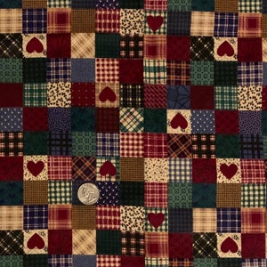 May include: A fabric featuring a patchwork grid of squares in shades of burgundy, forest green, navy blue, and cream. The pattern includes various plaid, floral, and geometric prints, interspersed with solid burgundy heart shapes. A US quarter coin is visible.