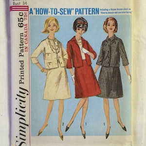 May include: A vintage Simplicity sewing pattern for a jacket and skirt set. The pattern is for size 34 bust and includes instructions on how to choose and use interfacing.