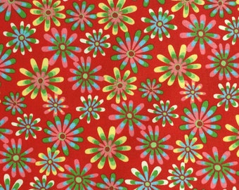 100% Cotton Red Floral Fabric By The Yard, Calico, Flower Power