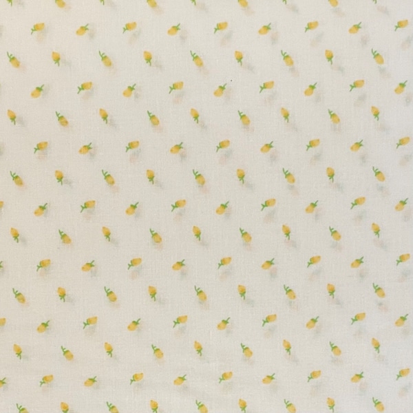 Yellow Rosebud on White Cotton Fabric, Floral