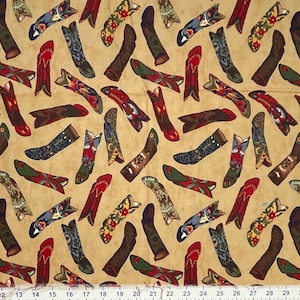 May include: A beige fabric with a repeating pattern of colorful cowboy boots. The boots are in various styles and colors, including red, blue, green, and brown.