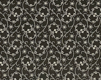 Black Cotton Calico Fabric, Floral, 1800s Reprint
