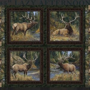 100% Cotton Summer Wildlife Cotton Fabric, Digital Print, Elk, Mountains, Trees, Pillow Panel