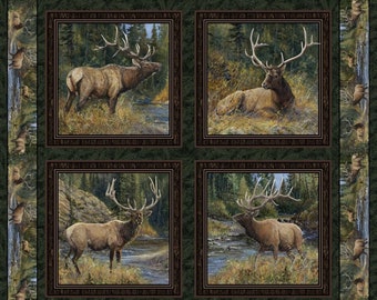 100% Cotton Summer Wildlife Cotton Fabric, Digital Print, Elk, Mountains, Trees, Pillow Panel
