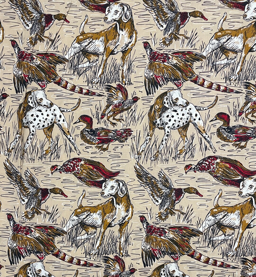 Vintage Retriever Theme Cotton Panel Fabric, Dog, Duck, Pheasant