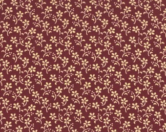 Burgundy Cotton Calico Fabric, Floral, 1800s Reprint