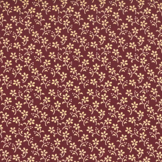 Burgundy Cotton Calico Fabric, Floral, 1800s Reprint
