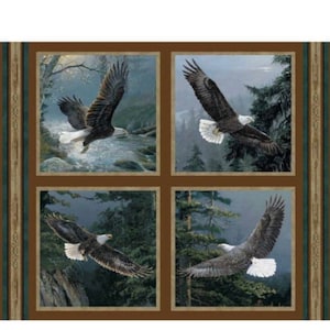 100% Cotton Eagle Cotton Fabric, Digital Print, Mountains, Trees, Pillow Panel