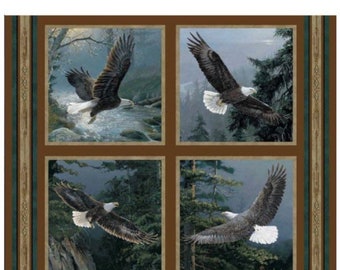 100% Cotton Eagle Cotton Fabric, Digital Print, Mountains, Trees, Pillow Panel