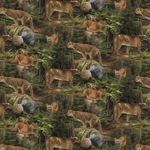 May include: A repeating pattern showing cougars in a forest environment. The cougars are illustrated in different positions, including standing, sitting, and walking. The background features trees, rocks, and foliage, creating a naturalistic scene.