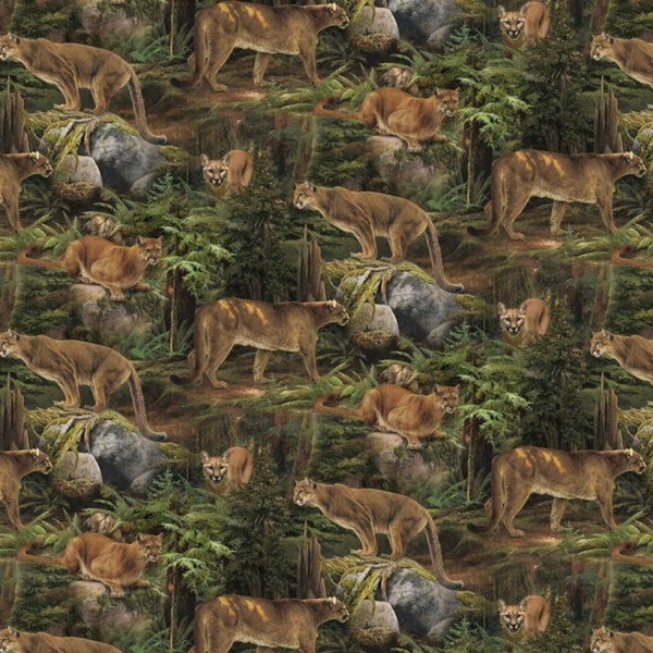 Mountain Lion Wildlife Cotton Fabric, Cougar, Digital Print, Woodland