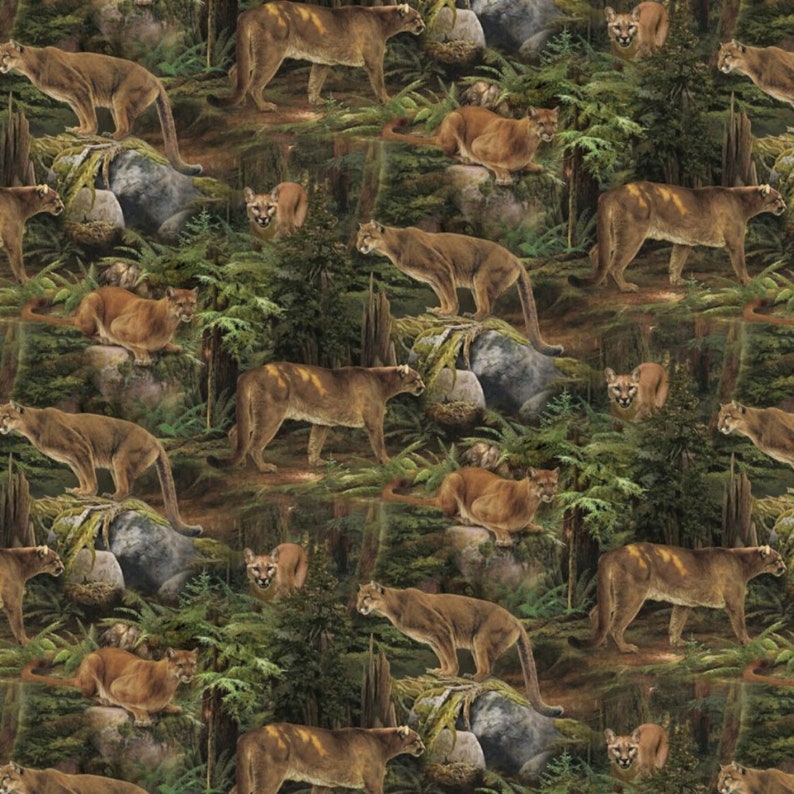 May include: A repeating pattern showing cougars in a forest environment. The cougars are illustrated in different positions, including standing, sitting, and walking. The background features trees, rocks, and foliage, creating a naturalistic scene.