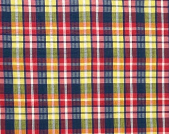 Red, Blue and Yellow Large Plaid Seersucker Fabric