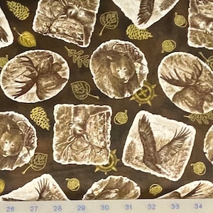 Wildlife Cotton Fabric, Eagle, Deer, Bear, Cabin and Canoe Quilting Treasures, Into The Woods