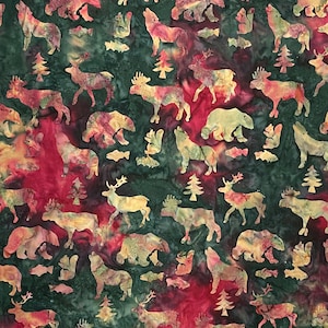 Red, Green and Brown Mountain Wildlife Batik Cotton Fabric