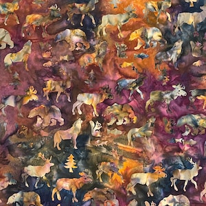 Red, Green and Brown Mountain Wildlife Batik Cotton Fabric