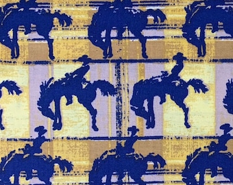 100% Cotton Blue and Brown Cowboy Fabric By The Yard, Western, Rodeo, Bronco Rider