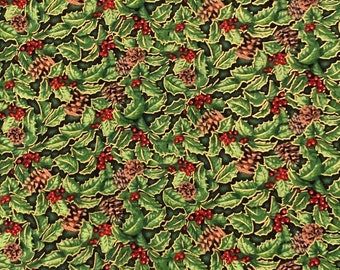 Cotton Holly and Berries Christmas Fabric, Vintage Farmhouse , Red And Green