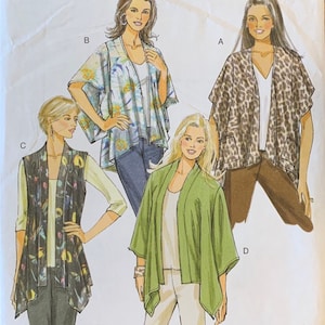 May include: A sewing pattern illustration featuring four different styles of women's tops. The designs include a floral print kimono, a leopard print open front jacket, a sleeveless vest with a floral pattern, and a solid green open front cardigan.