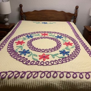 Vintage Yellow And Purple Floral Chenille Bedspread