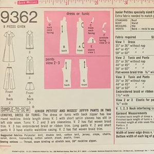 May include: A vintage sewing pattern for a dress or tunic and pants. The pattern is pink and white and features a line drawing of the garment. The pattern number is 9362 and the title is "Junior Petites' and Misses' Jiffy Pants in Two Lengths, Dress or Tunic".