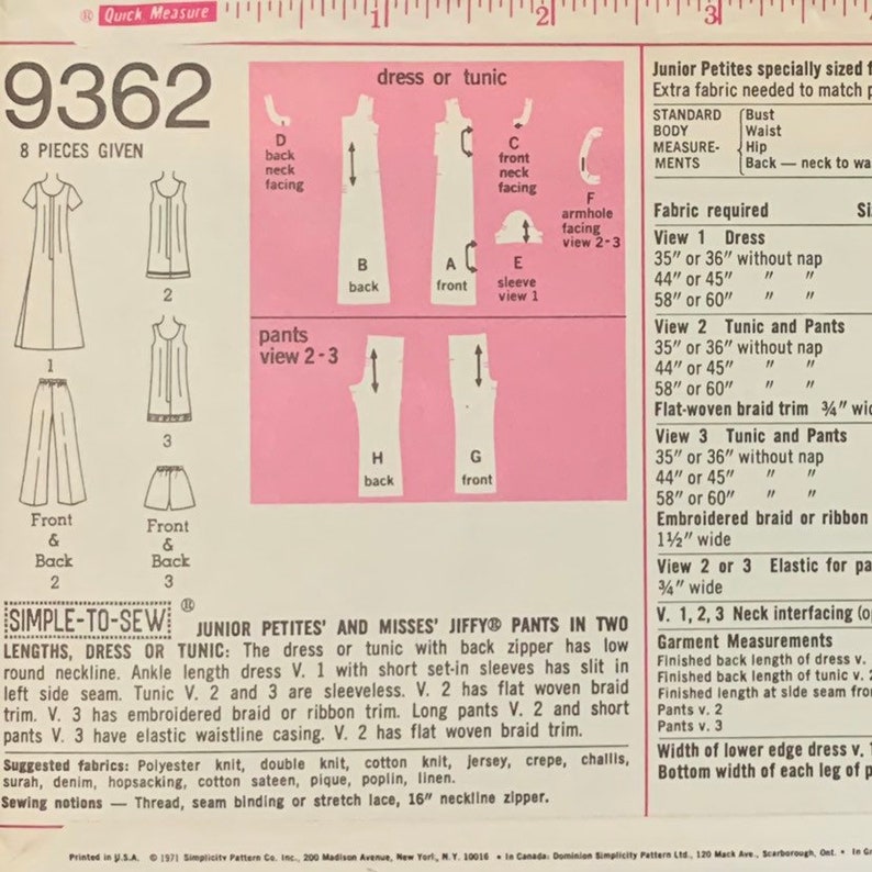 May include: A vintage sewing pattern for a dress or tunic and pants. The pattern is pink and white and features a line drawing of the garment. The pattern number is 9362 and the title is "Junior Petites' and Misses' Jiffy Pants in Two Lengths, Dress or Tunic".