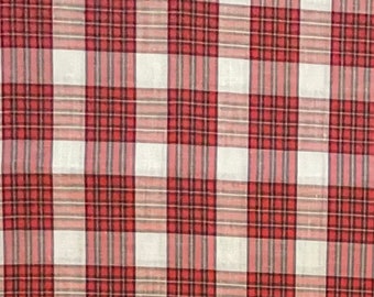 Vintage Red, Black and White Woven Plaid Cotton Fabric, Western