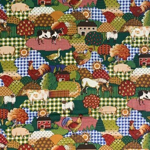 May include: A colorful fabric with a patchwork design featuring farm animals, houses, and plants. The fabric is green, red, blue, and brown.
