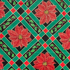 Christmas Floral Fabric, Holly And Berries, Poinsettia, Large Print