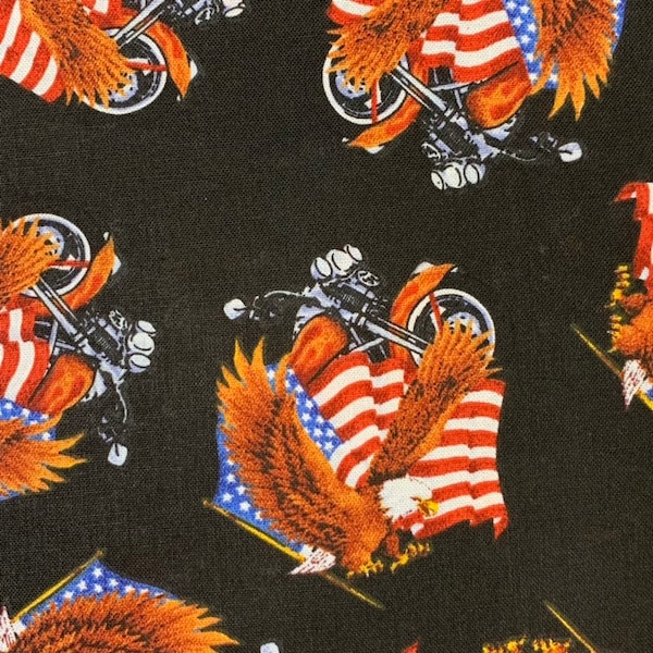 100% Cotton Patriotic Motorcycle Fabric, Made In America, American Flag, American Eagle,