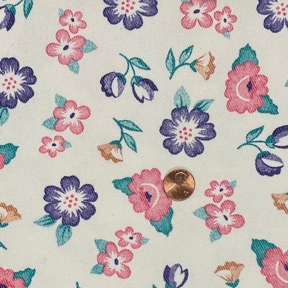 White Floral Denim Fabric Cone Mills 