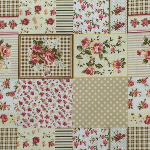 Brown and Pink Rose Floral Patchwork Cotton  Fabric, Pink Rose, Cheater Cloth, Cheater Quilt, Calico, OOP