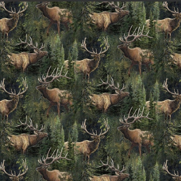 100% Cotton Elk Wildlife Cotton Fabric, Digital Print, Woodland, Mountains, Trees,