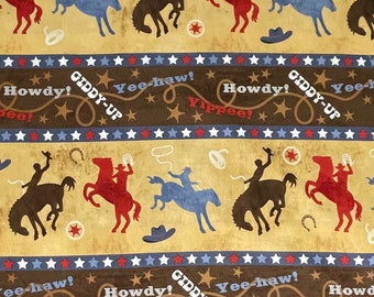 100% Country Western Fabric By The Yard, Cowboy, Bronco, Rodeo, Ranch. Howdy