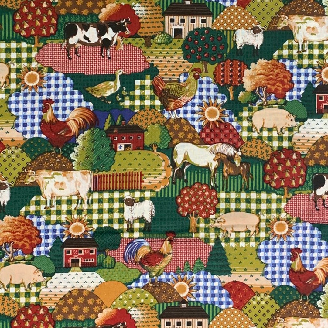 Patchwork Farmhouse Fabric, Cows, Rooster, Horses, Sheep, Kitschy - Etsy