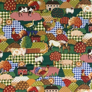 May include: A colorful patchwork fabric design featuring farm animals, houses, and plants. The fabric is green, red, blue, and white with a checkered pattern. The animals include cows, sheep, horses, pigs, and roosters.