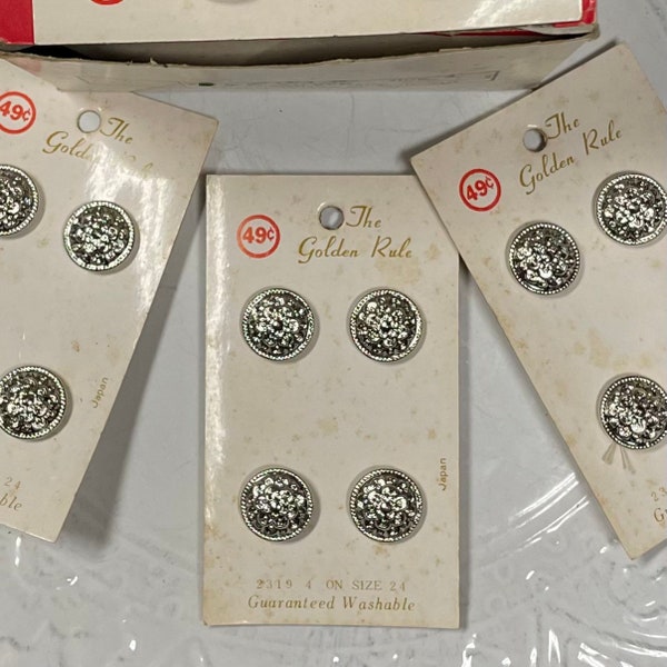 Vintage Silver Metal Buttons on Original Card, National Button Co, The Golden Rule, Japan