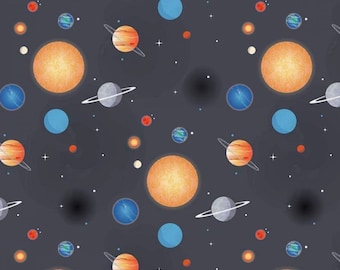 May include: A dark blue fabric with a repeating pattern of planets and stars. The planets are in various colors, including orange, red, blue, and gray. The stars are white.