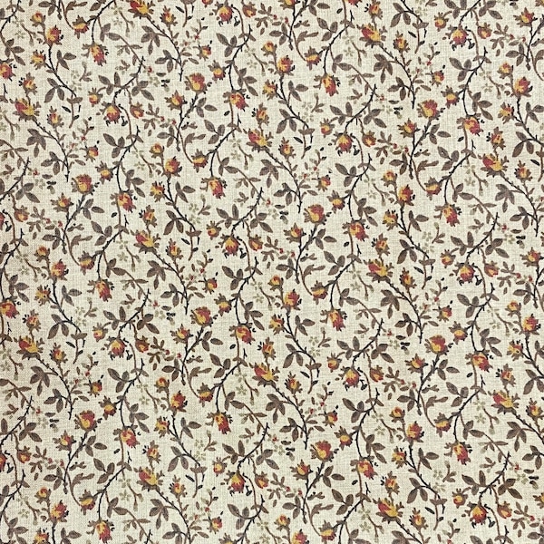 Shiny Vintage Beige Cotton Calico Fabric, Floral