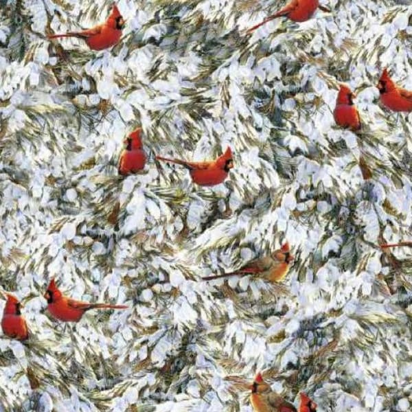 100% Cotton Cardinal In The Pines Fabric By The Yard, Redbird, Aviary, Wildlife, Digital Print