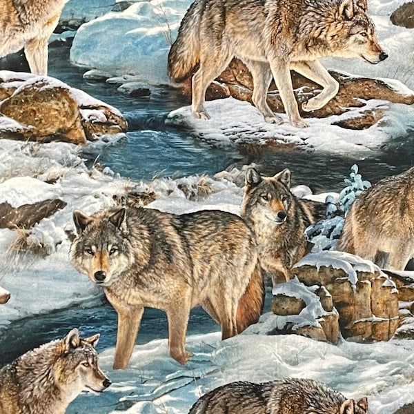 100% Cotton Winter Wildlife Fabric, Snow, Wolf, Mountains, Trees, Digital Print