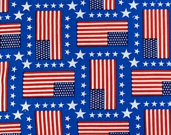 May include: A blue fabric with a repeating pattern of white stars and red, white, and blue American flags. The flags are arranged in a diagonal pattern, with the stars in between.