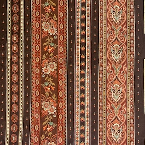Brown Floral Striped Cotton Fabric, 1980s, Cranston Print Works