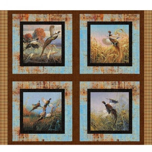 May include: A fabric panel featuring four framed images of pheasants in a natural setting. Each image is framed in black, set against a light blue, distressed-look background, and surrounded by a brown border. The overall theme is wildlife.