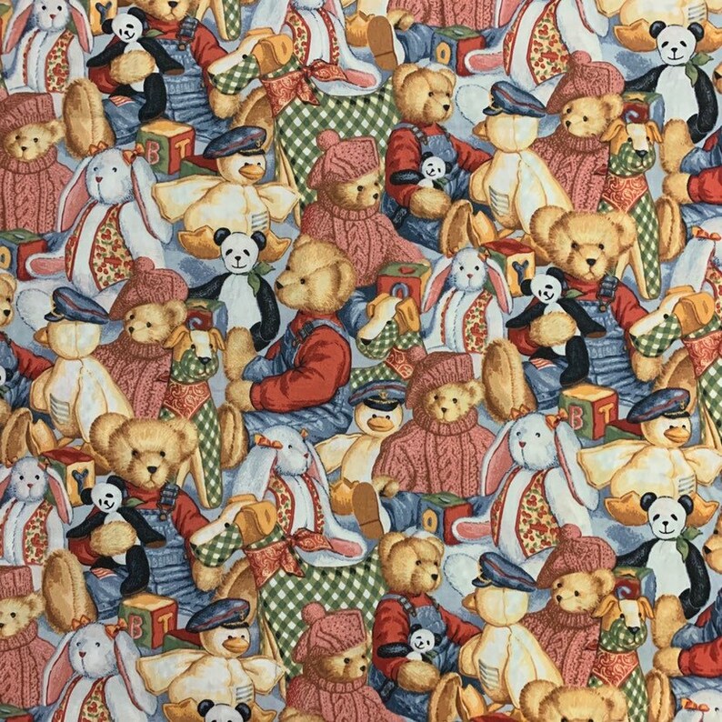 100 Cotton Teddy Bear Fabric Nursery Daisy Kingdom Blue Etsy