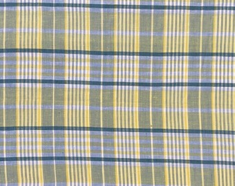Vintage Madras Blue, Yellow And White Plaid Cotton Fabric