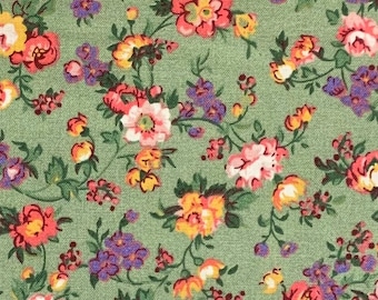 100% Cotton Green Floral Fabric, Calico, Wildflower, Country Floral