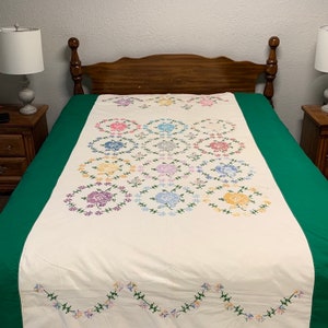 Vintage Green And Vintage White Floral Embroidered Bedspread, Coverlet
