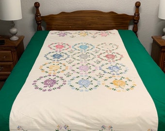 Vintage Green And Vintage White Floral Embroidered Bedspread, Coverlet